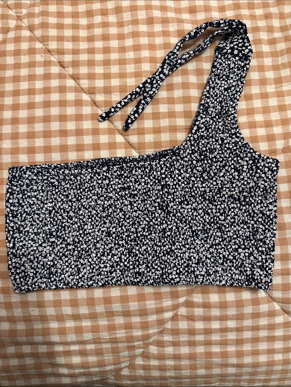 Navy and White One-Shoulder Floral Crop Top